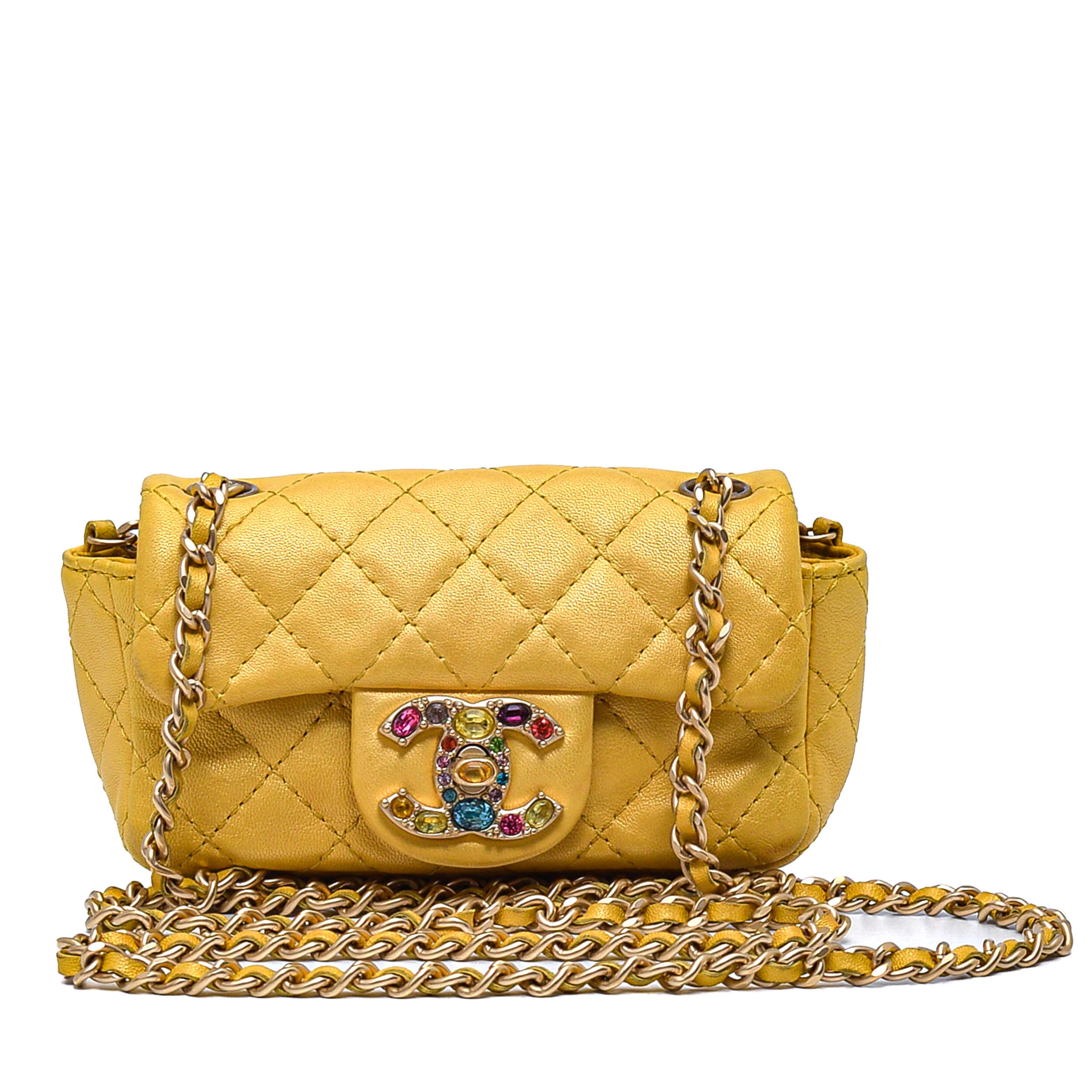 Chanel- Yellow Quilted Lambskin Leather Embellished CC Logo Micro Flap Bag 